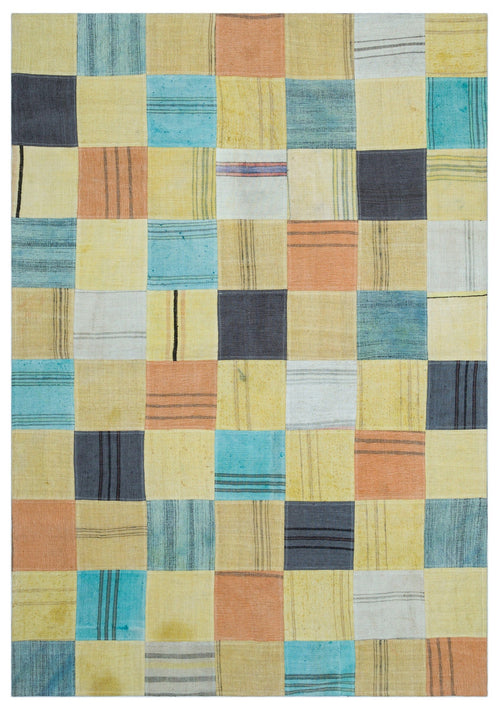 Teselya Beige Patchwork Wool Handmade Area Rug 5'4" x 7'8"