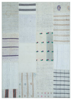 Teselya Beige Striped Wool Handmade Area Rug 5'3" x 7'3"