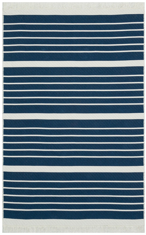 Blue Striped Cotton Kilim - Washable Non Slip Modern Woven Rug for Living Room