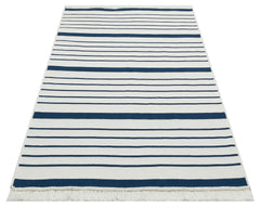 Blue Striped Cotton Kilim - Washable Non Slip Modern Woven Rug for Living Room