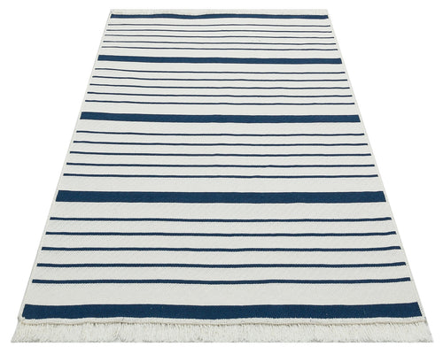 Blue Striped Cotton Kilim - Washable Non Slip Modern Woven Rug for Living Room