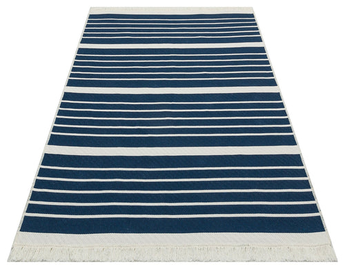 Blue Striped Cotton Kilim - Washable Non Slip Modern Woven Rug for Living Room