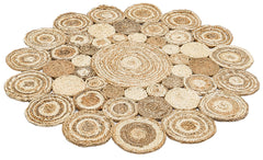 Round Jute Rug - Beige Geometric Natural Fiber Carpet, Hand Woven Soft Texture