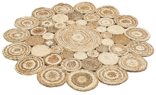 Round Jute Rug - Beige Geometric Natural Fiber Carpet, Hand Woven Soft Texture