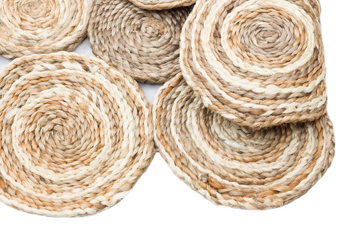 Round Jute Rug - Beige Geometric Natural Fiber Carpet, Hand Woven Soft Texture
