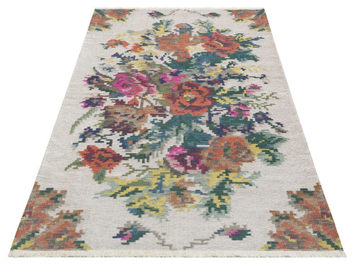 Orange White Kilim – Floral Patterned Rug | Washable Non Slip Soft Texture Carpet