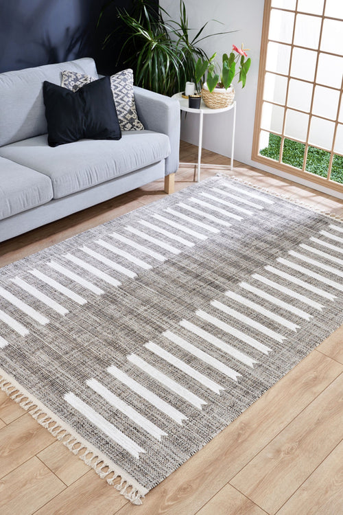 Machine Made Area Rug - Grey White Striped Cotton Yarn Carpet for Living Room