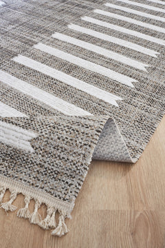 Machine Made Area Rug - Grey White Striped Cotton Yarn Carpet for Living Room