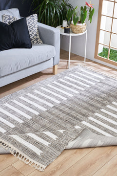 Machine Made Area Rug - Grey White Striped Cotton Yarn Carpet for Living Room
