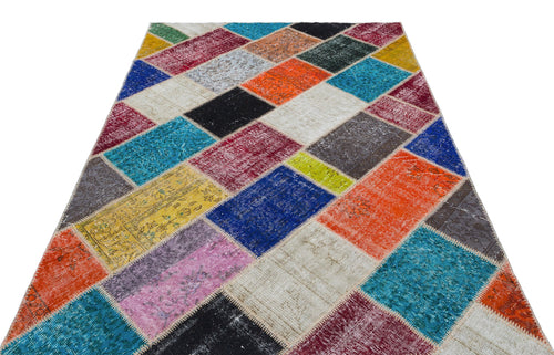 Iskece 29469 Beige Patchwork Wool Handmade Area Rug 5'3" x 7'7"