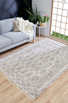 Machine Made Area Rug – Cream Geometric Cotton Yarn Carpet for Living Room