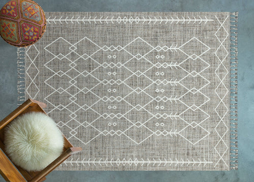 Machine Made Area Rug – Cream Geometric Cotton Yarn Carpet for Living Room