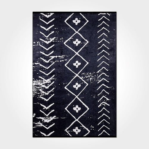 Digital Print Area Rug - Black Geometric Chenille Cotton Washable Non Slip Carpet