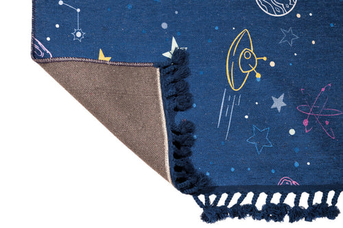 Kids Cotton Rug - Navy Blue Figured Chenille Digital Print Carpet by Pia Monte