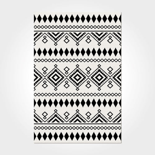 Digital Print Area Rug - Black Geometric Chenille Cotton Carpet Washable Non Slip