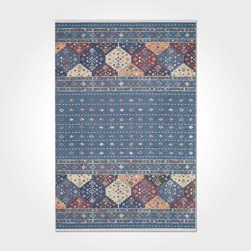 Geometric Area Rug – Washable Non Slip Chenille Cotton Rug in Blue Design