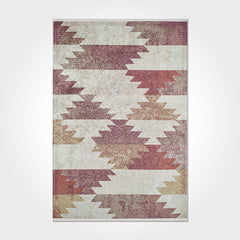 Cream Geometric Area Rug – Washable Non Slip Chenille Cotton Carpet for Modern Living Room