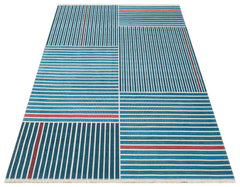 Blue Striped Kilim Rug – Modern Patterned Washable Area Rug with Soft Texture
