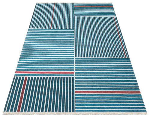 Blue Striped Kilim Rug – Modern Patterned Washable Area Rug with Soft Texture