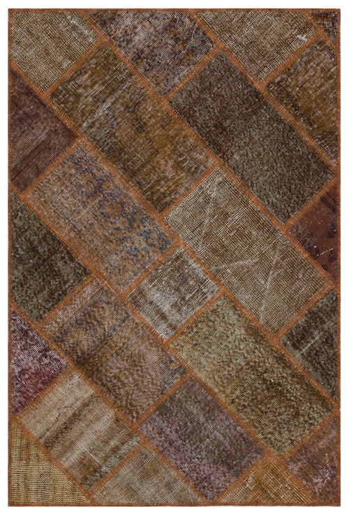 Iskece 31110 Brown Patchwork Wool Handmade Area Rug 3'11" x 5'11"