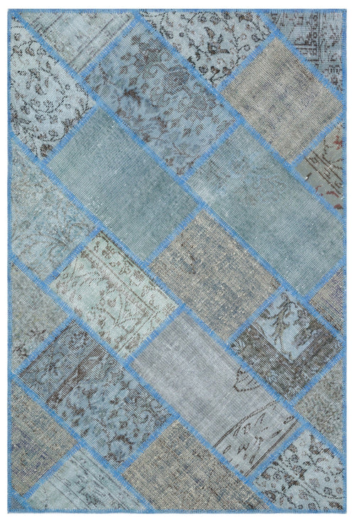 Iskece 31134 Blue Patchwork Wool Handmade Area Rug 3'11" x 5'11"
