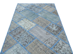 Iskece 31134 Blue Patchwork Wool Handmade Area Rug 3'11" x 5'11"