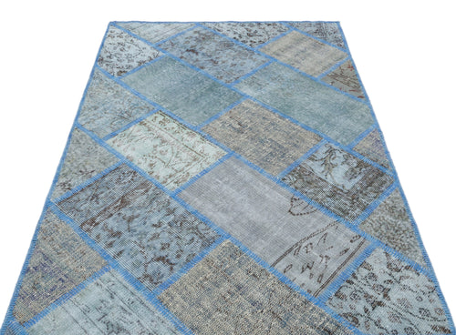 Iskece 31134 Blue Patchwork Wool Handmade Area Rug 3'11" x 5'11"