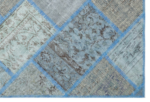 Iskece 31134 Blue Patchwork Wool Handmade Area Rug 3'11" x 5'11"