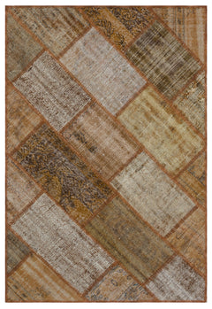 Iskece 31149 Brown Patchwork Wool Handmade Area Rug 3'11" x 5'11"
