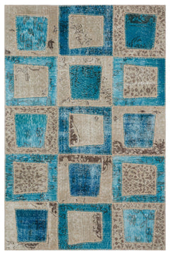 Iskece 31166 Turquoise Patchwork Wool Handmade Area Rug 3'11" x 5'11"