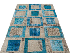 Iskece 31166 Turquoise Patchwork Wool Handmade Area Rug 3'11" x 5'11"