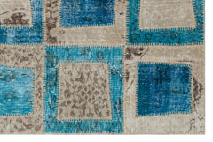 Iskece 31166 Turquoise Patchwork Wool Handmade Area Rug 3'11" x 5'11"