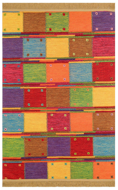 Orange Geometric Kilim Washable Non Slip Rug - Flatweave Traditional Patterned Carpet