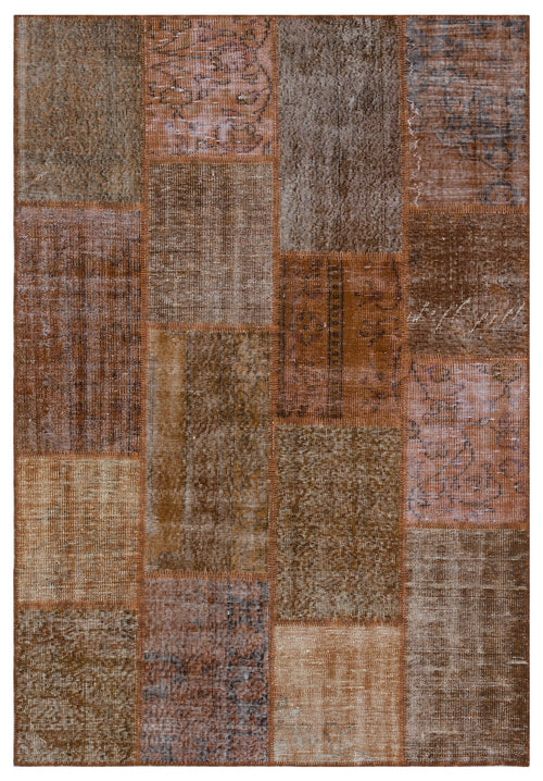 Iskece 31268 Brown Patchwork Wool Handmade Area Rug 5'3" x 7'7"
