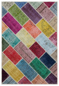 Iskece 31287 Beige Patchwork Wool Handmade Area Rug 5'3" x 7'7"