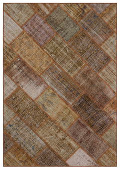 Iskece 31292 Brown Patchwork Wool Handmade Area Rug 5'3" x 7'7"
