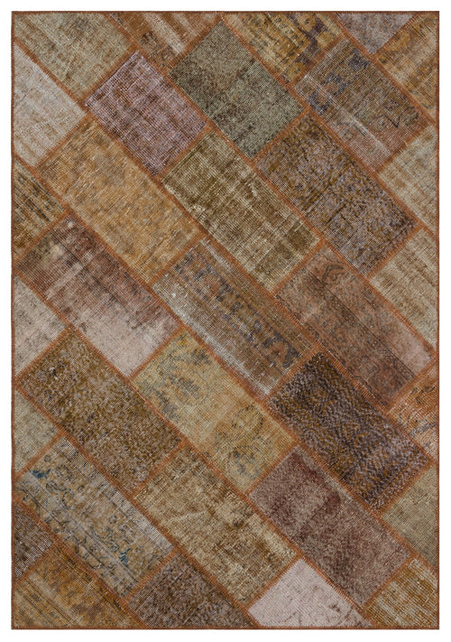 Iskece 31292 Brown Patchwork Wool Handmade Area Rug 5'3" x 7'7"