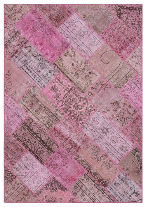 Iskece 31299 Pink Patchwork Wool Handmade Area Rug 5'3" x 7'7"