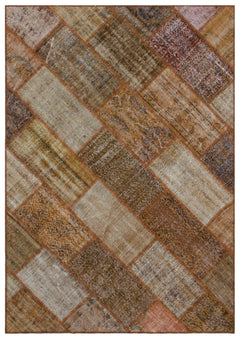 Iskece 31313 Brown Patchwork Wool Handmade Area Rug 5'3" x 7'7"