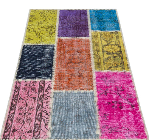Iskece 31380 Beige Patchwork Wool Handmade Area Rug 2'7" x 4'11"