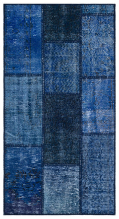 Iskece 31384 Blue Patchwork Wool Handmade Area Rug 2'7" x 4'11"