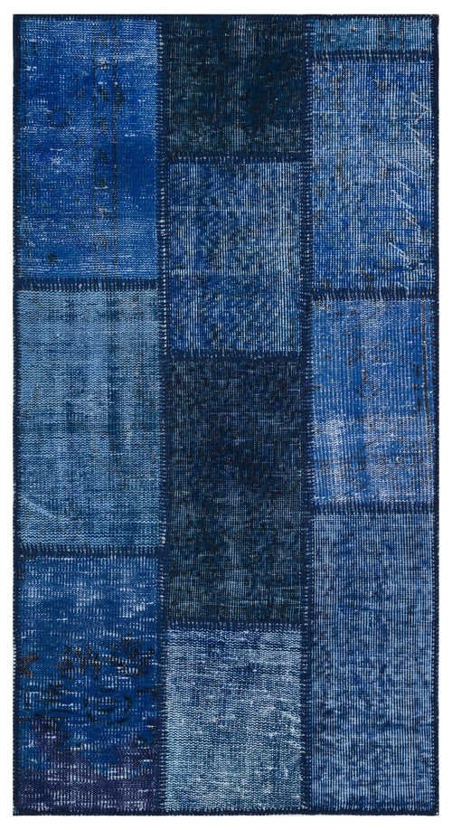Iskece 31384 Blue Patchwork Wool Handmade Area Rug 2'7" x 4'11"