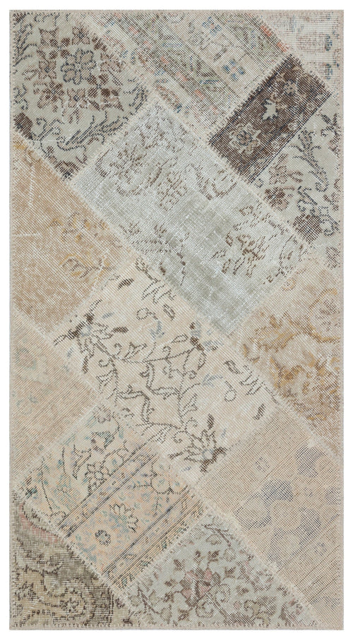 Iskece 31391 Beige Patchwork Wool Handmade Area Rug 2'7" x 4'11"