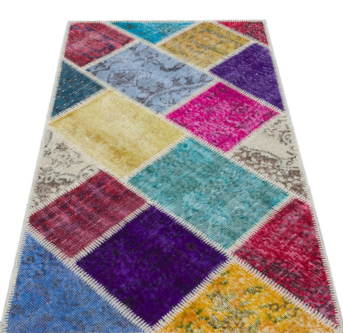 Iskece 31409 Beige Patchwork Wool Handmade Area Rug 2'7" x 4'11"