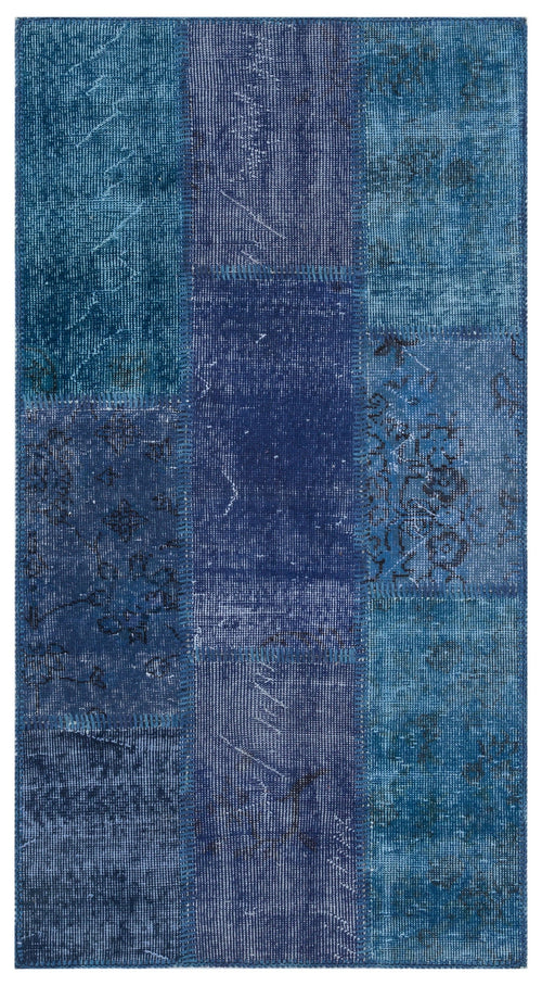 Iskece 31431 Blue Patchwork Wool Handmade Area Rug 2'7" x 4'11"