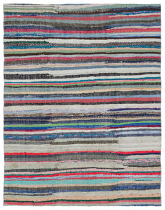 Girit Beige Striped Wool Handmade Area Rug 5'2" x 8'3"