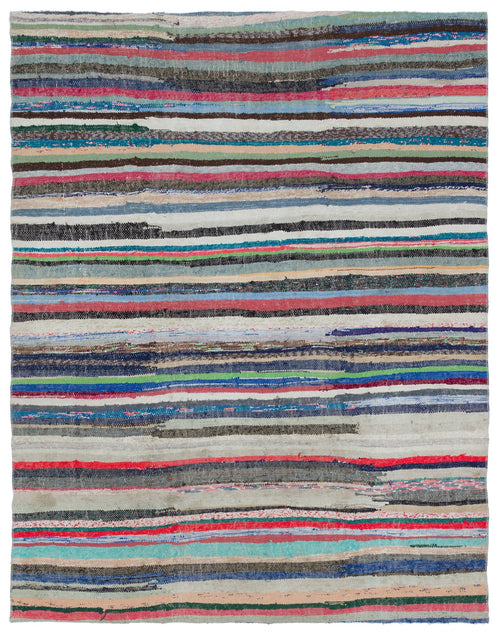 Girit Beige Striped Wool Handmade Area Rug 5'2" x 8'3"