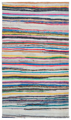 Girit Beige Striped Wool Handmade Area Rug 4'9" x 8'4"