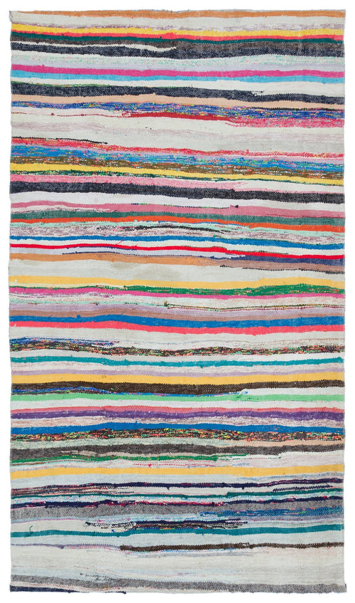 Girit Beige Striped Wool Handmade Area Rug 4'9" x 8'4"