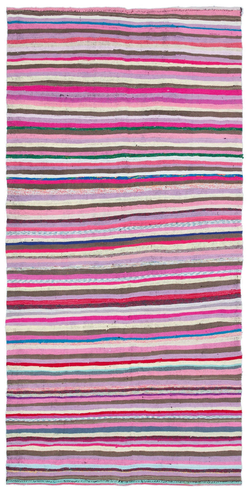 Girit Pink Striped Wool Handmade Area Rug 5'3" x 8'6"